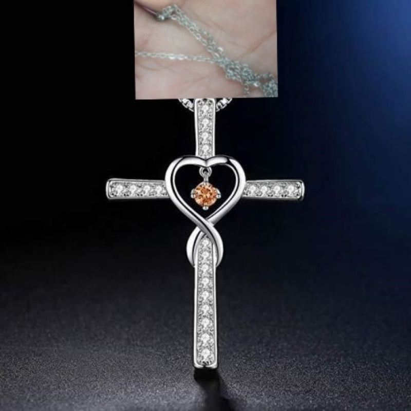 Gold Plated Christian Cross Pendant Necklace with Birthstone Crystal - 16