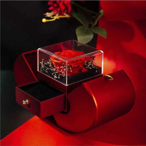 Red Apple Jewelry Box with Eternal Rose and Gold Plated Necklace Gift Set