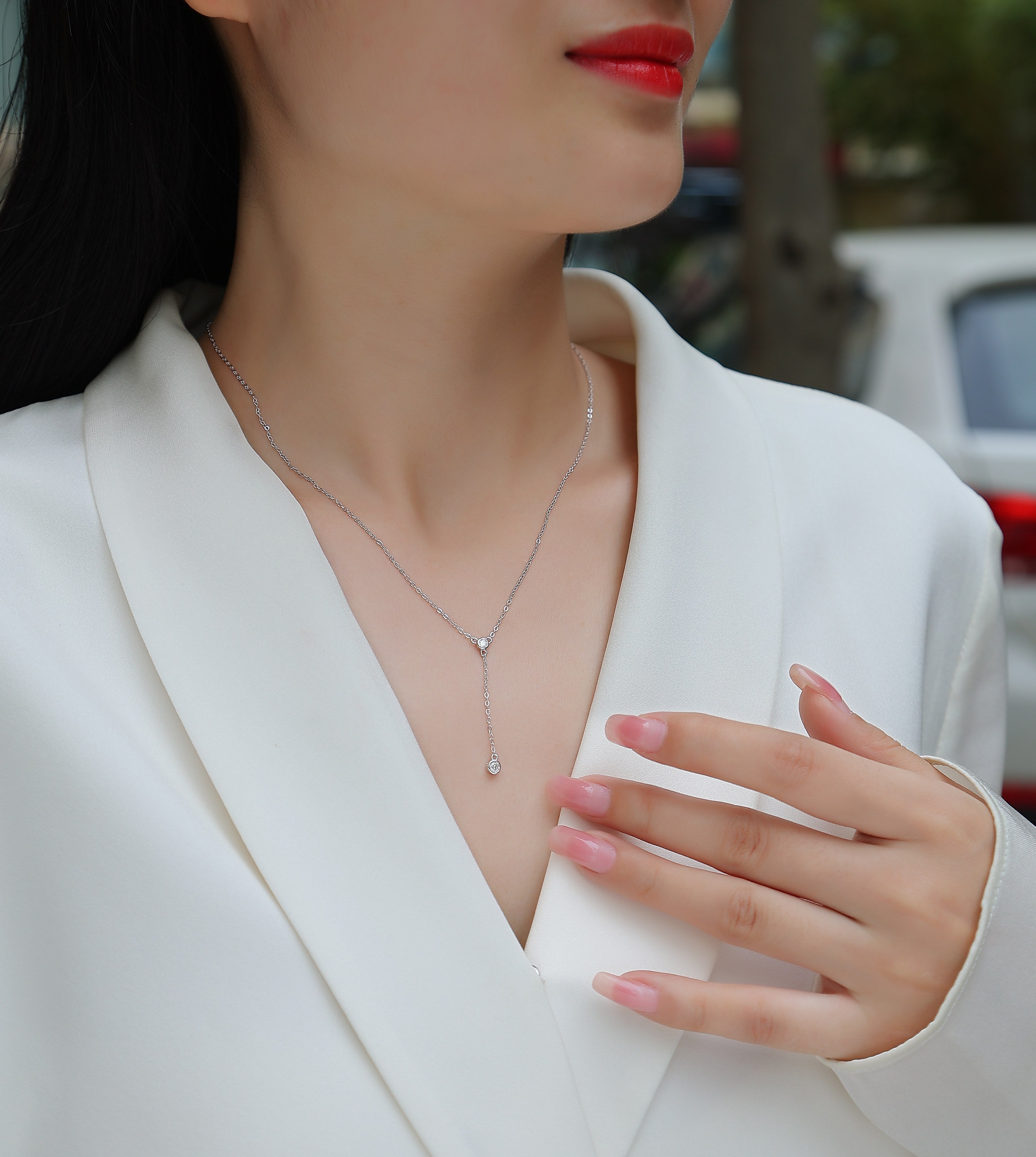 1Tassel Moissanite Pendant Necklace in S925 Sterling Silver with Platinum Plating