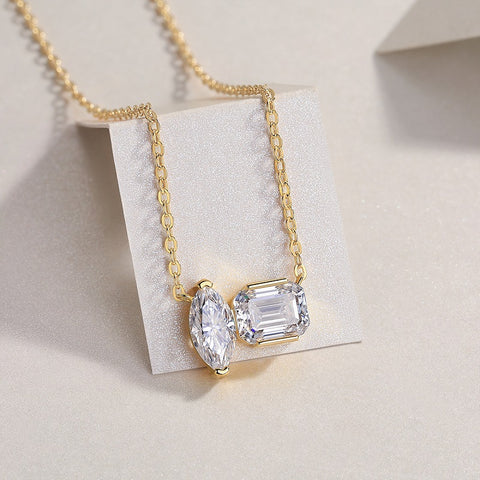 Double Diamond Moissanite Pendant Necklace in Gold-Plated S925 Sterling Silver