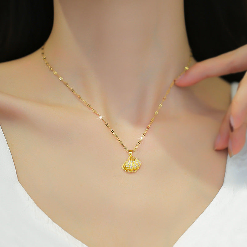 Shell Pearl Pendant Necklace for Women with Alloy Chain - 4