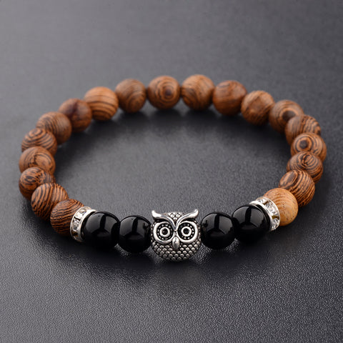 Owl Wood Grain Beaded Bracelet with Frosted Stone Accents