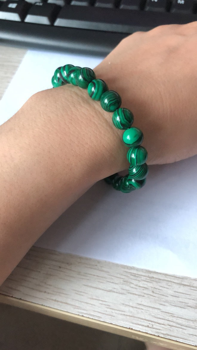 Unisex Black Matte and Green Malachite Beaded Elastic Bracelet - 5