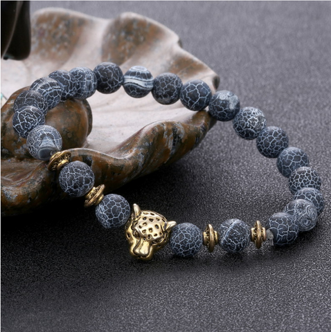 Black Agate Beaded Bracelet with Alloy Leopard Head