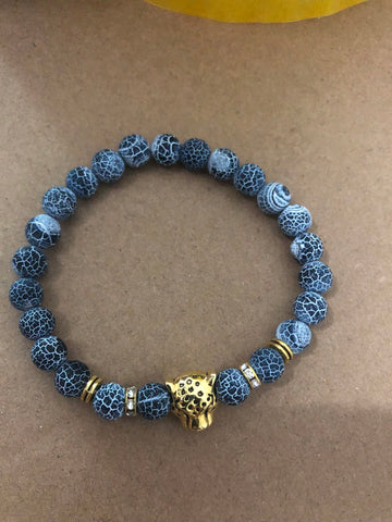 Black Agate Beaded Bracelet with Alloy Leopard Head