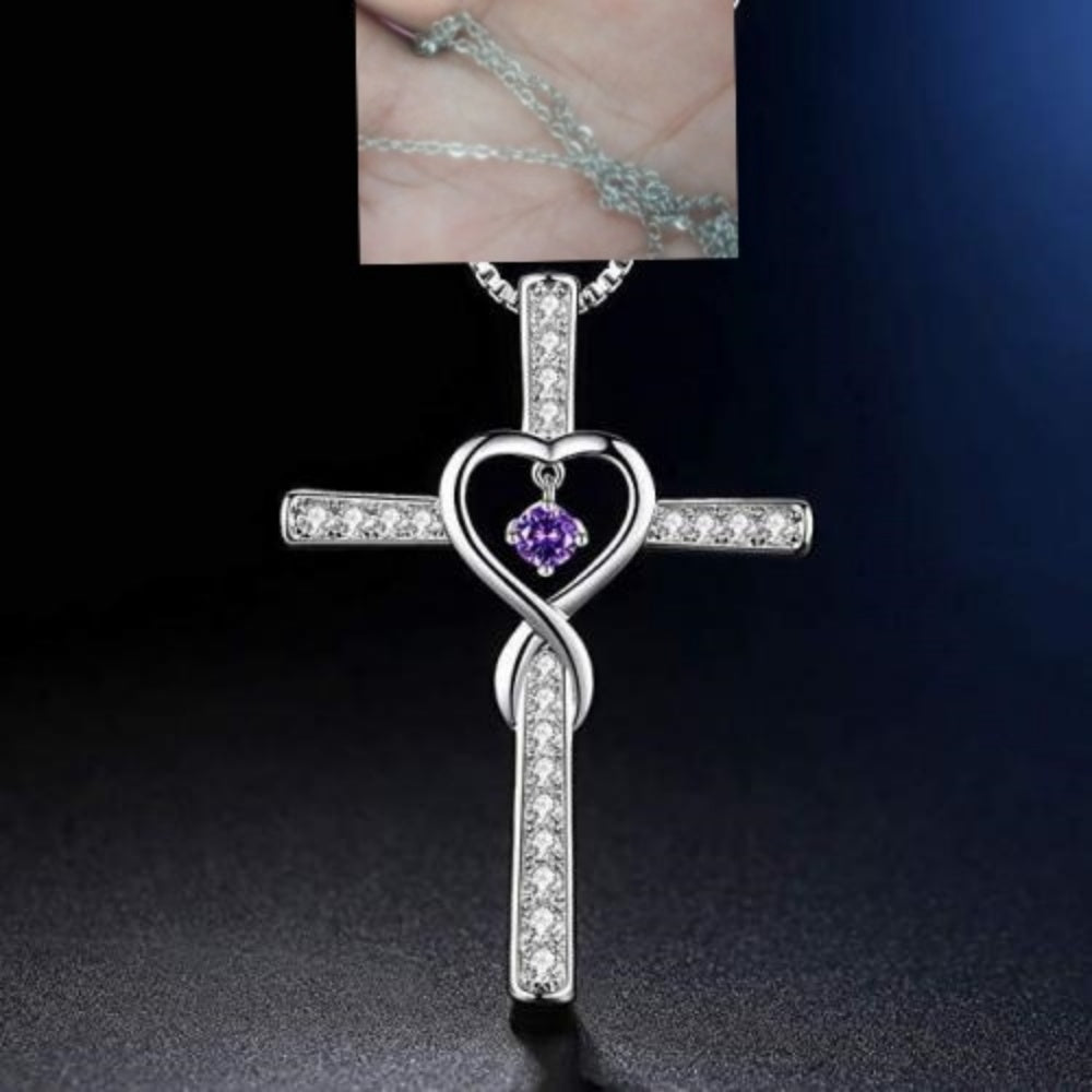 Gold Plated Christian Cross Pendant Necklace with Birthstone Crystal