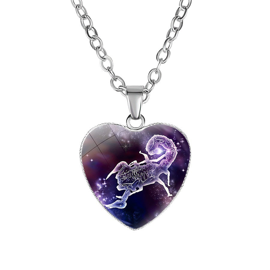 Womens Zodiac Heart Pendant Necklace with 12 Constellations