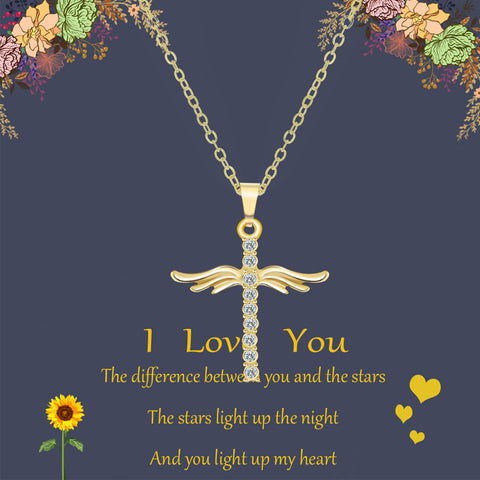 Angel Wings Cross Pendant Necklace with Stainless Steel Chain for Women
