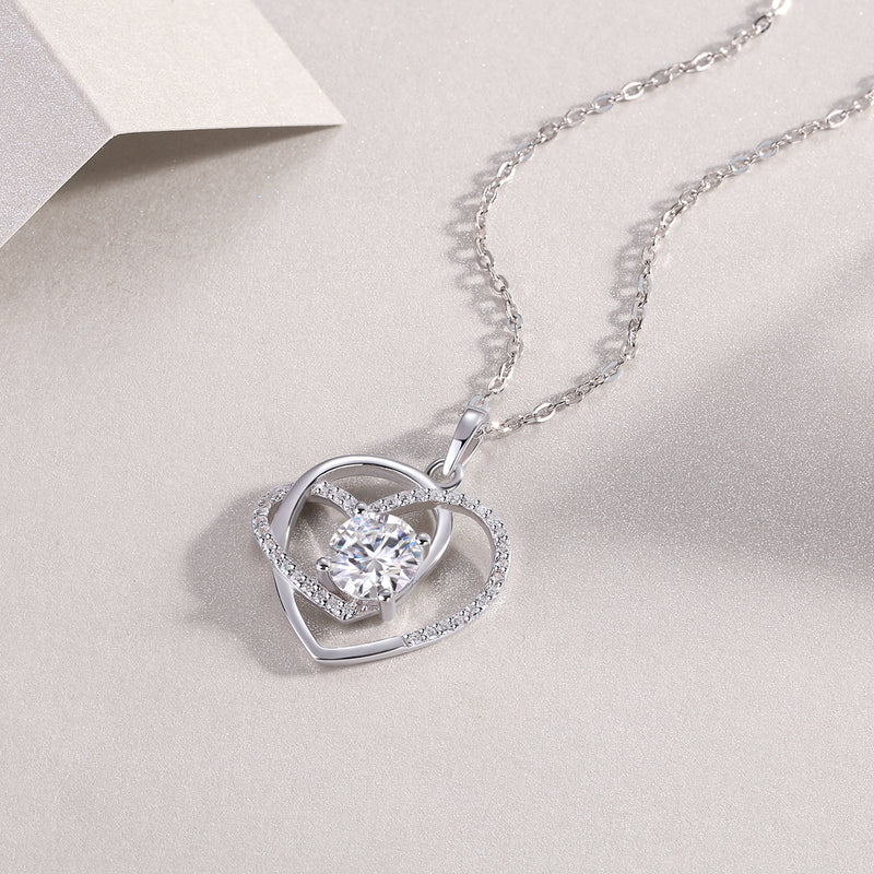 1Carat Moissanite Heart Pendant Necklace in S925 Silver Elegant Interlocking Heart Design - 2