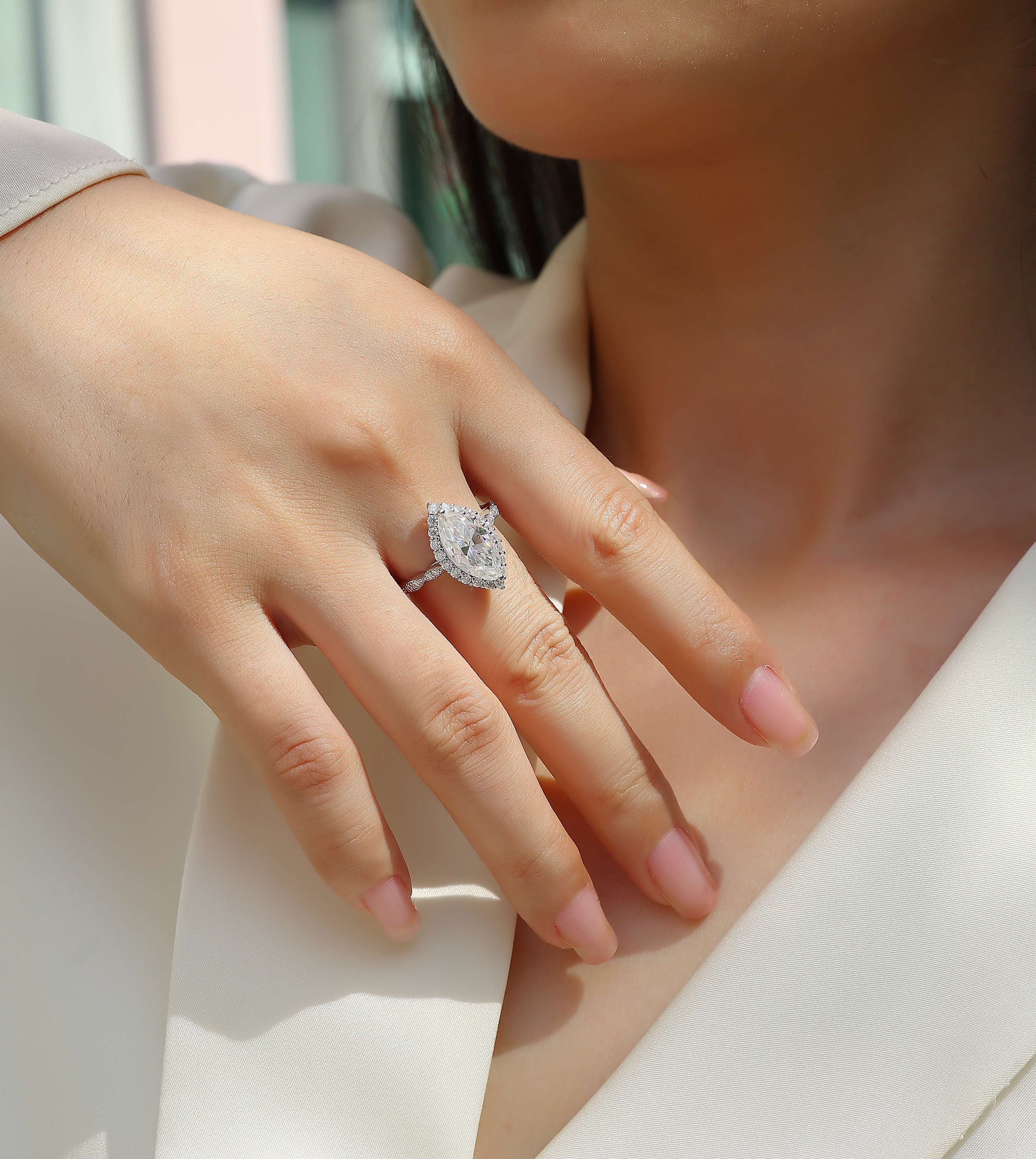 S925 Sterling Silver Moissanite Horse Eye Ring Elegant Fashion Jewelry