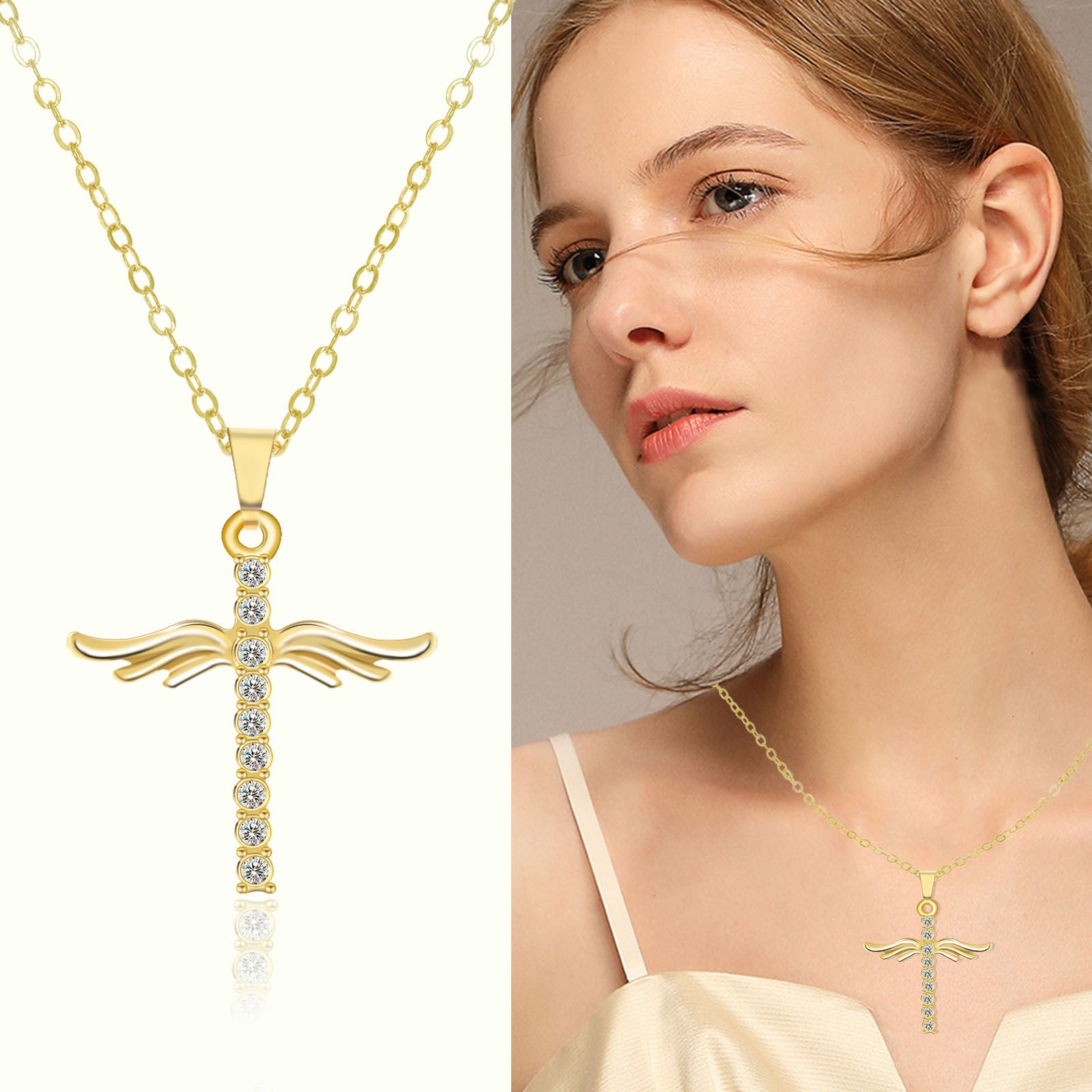 Angel Wings Cross Pendant Necklace with Stainless Steel Chain for Women
