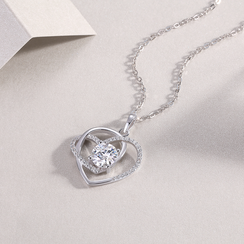 1-Carat Moissanite Heart Pendant Necklace in S925 Sterling Silver with Platinum Plating - 3
