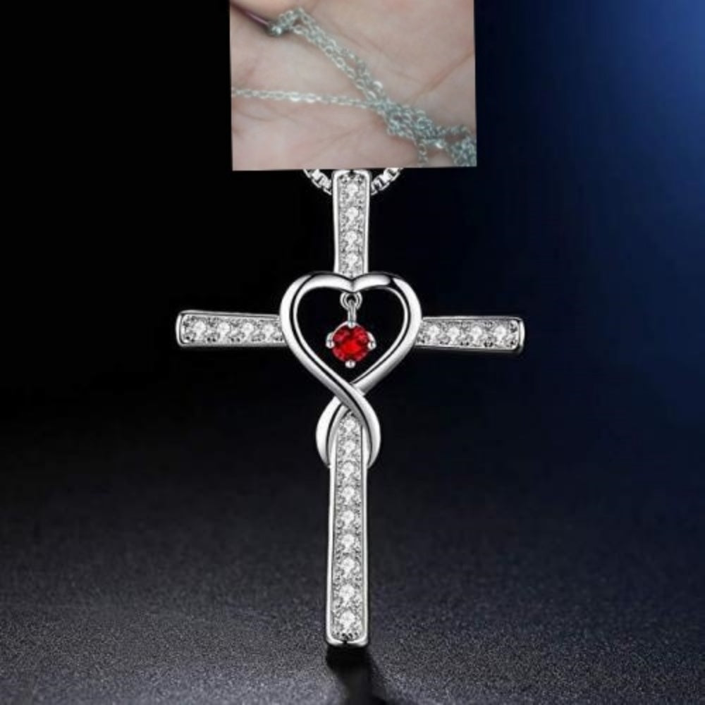 Gold Plated Christian Cross Pendant Necklace with Birthstone Crystal