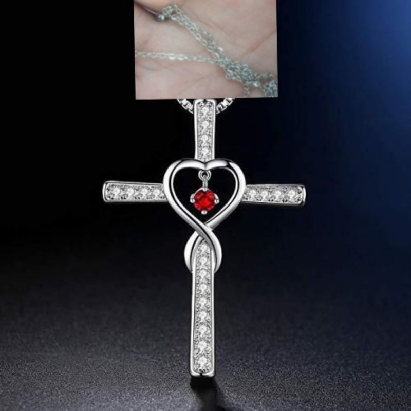 Gold Plated Christian Cross Pendant Necklace with Birthstone Crystal - 2
