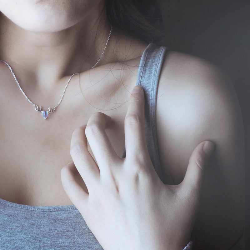 S925 Copper Elk Necklace with Forest Moonstone Pendant - 1