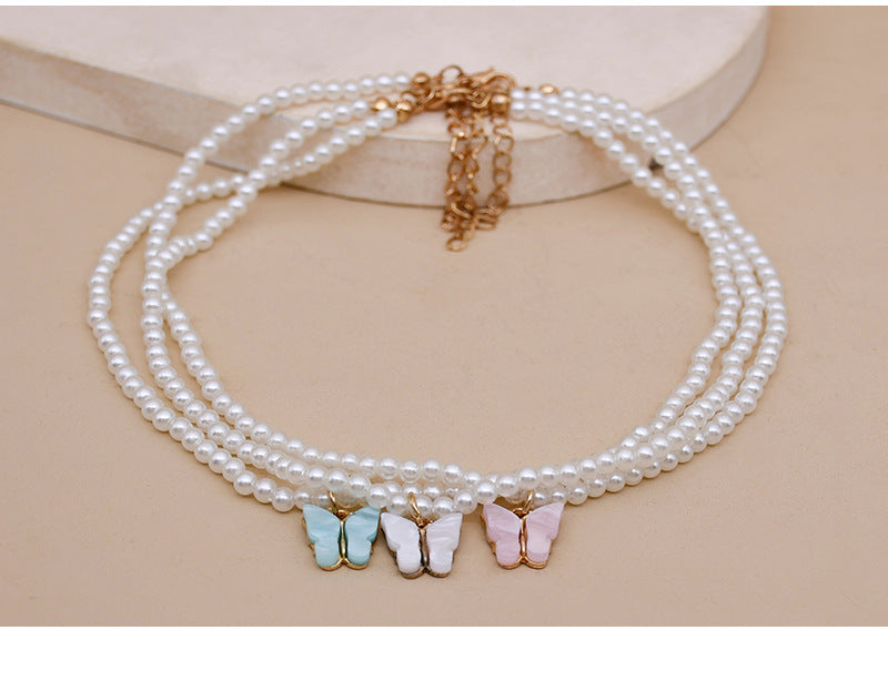 White Pearl Choker Necklace with Butterfly Charm for Women