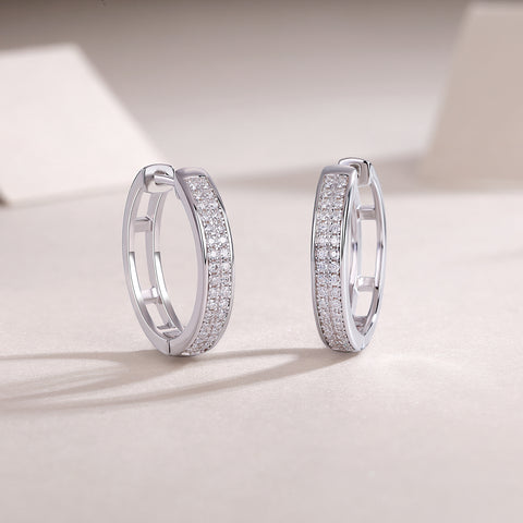 1Firefly Light Moissanite Sterling Silver Hoop Earrings with Platinum-Plated Studs