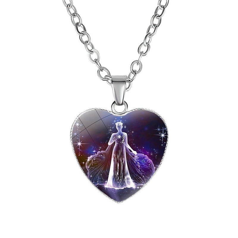 Womens Zodiac Heart Pendant Necklace with 12 Constellations - 1