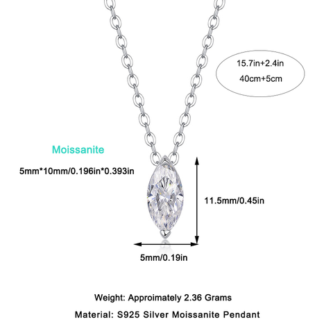 S925 Sterling Silver Moissanite Pendant Necklace Horse Eye Shape Elegant Fine Jewelry
