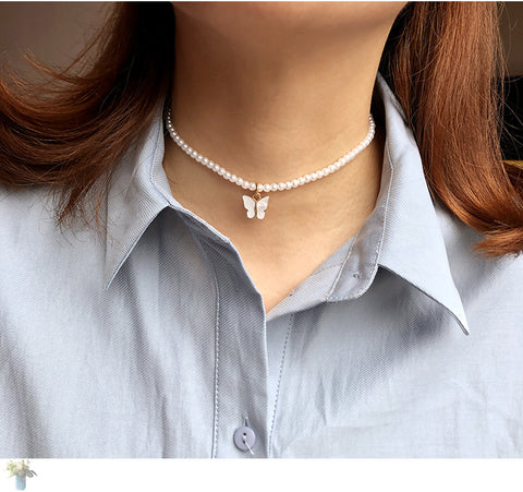 White Pearl Choker Necklace with Butterfly Charm for Women